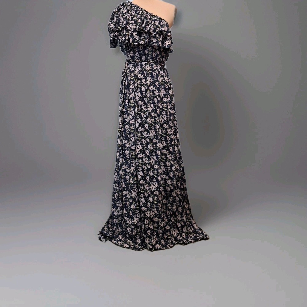 Hazel Womens Maxi Dress Sz L One Shoulder Ruffle Navy Blue Girly Floral Belted